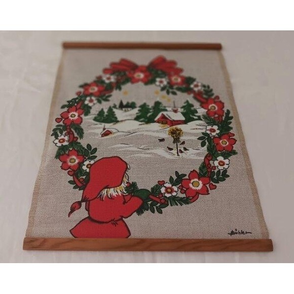 Buhler Other - Vintage Norway Christmas Wall Art Gnome Farm Wreath Print Linen Buhler 16"
